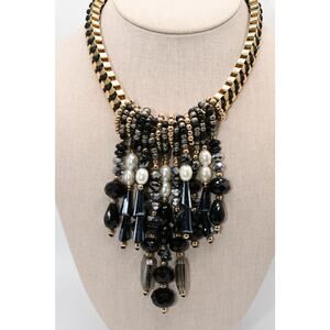 Chico's Black Gold Dangle Bead Statement Necklace NWT Faux Pearl Crystal